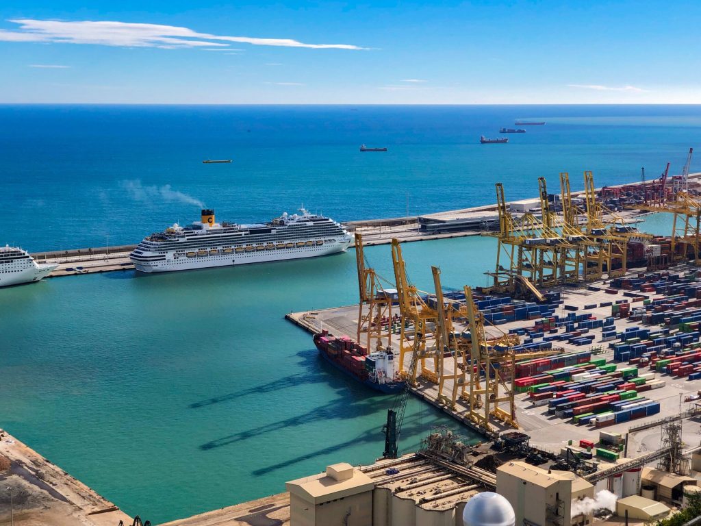 Tropical industrial harbor with cruise ships